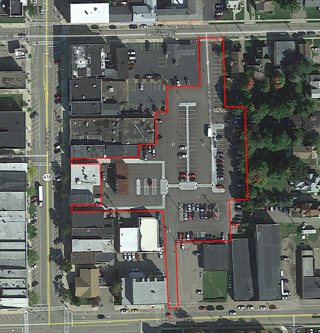 Overhead view of municipal parking lot and sidewalk area to be reconstructed in Bath, NY..