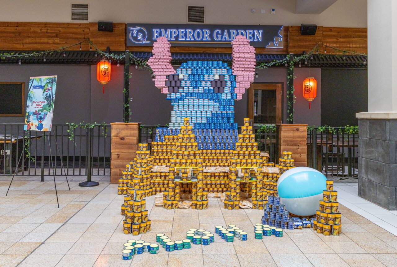 A structure built of canned goods in the shape of Stitch from the movie, Lilo and Stitch, for Capital Region CANstruction
