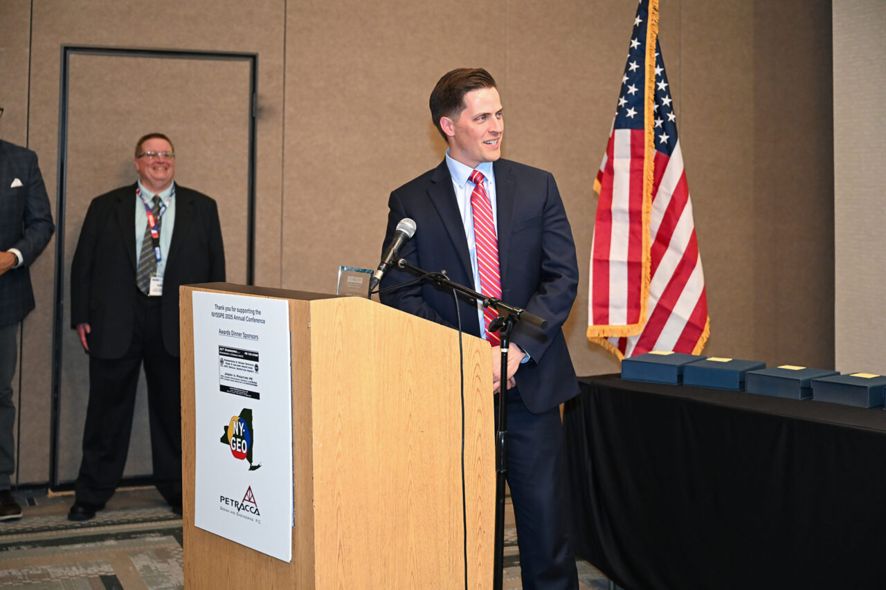 A photo of Bob Steehler of LaBella Associates accepting an award at the New York State Society of Professional Engineers Annual Awards